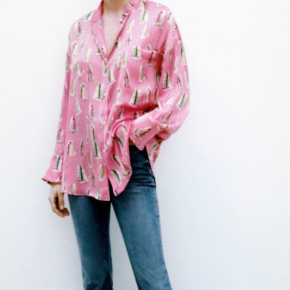 Zara Printed Buildings Nightlife Satin Shirt Pink - Picture 2 of 10